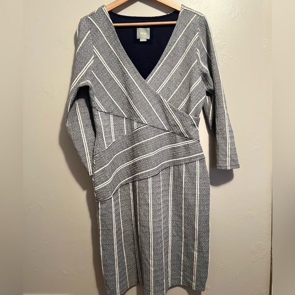Anthropologie Maeve Striped‎ V-neck Surplice 3/4 Sleeve Cotton Blend Dress - Picture 5 of 13
